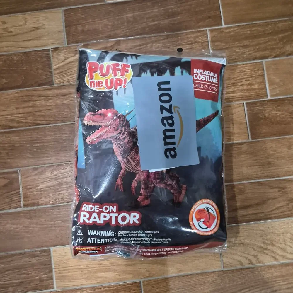 Halloween Costume Inflatable Dinosaur Costume Kid Riding Raptor Air Blow 7-10 YR